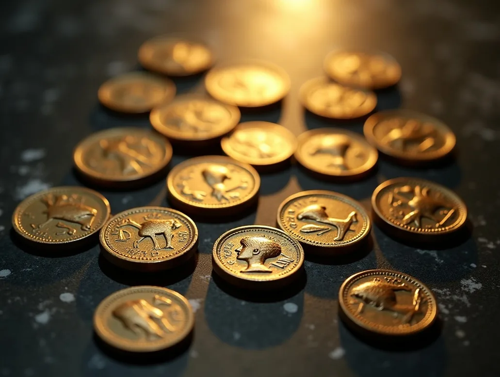 Ancient Greek drachma coins on dark marble surface
